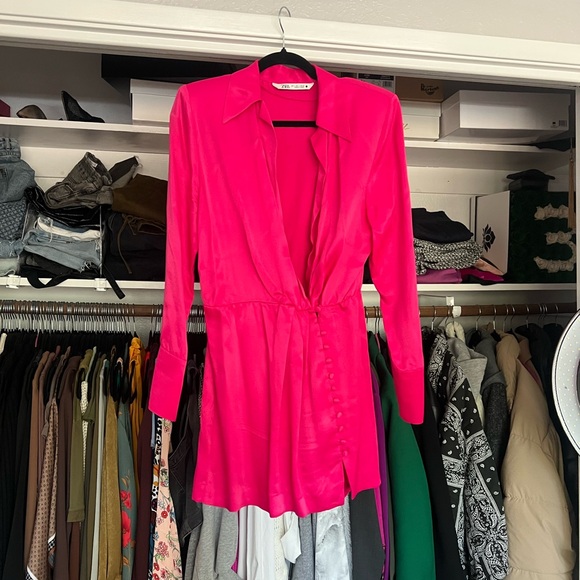 Zara hot pink satin effect button down long sleeve mini dress L - Picture 9 of 14